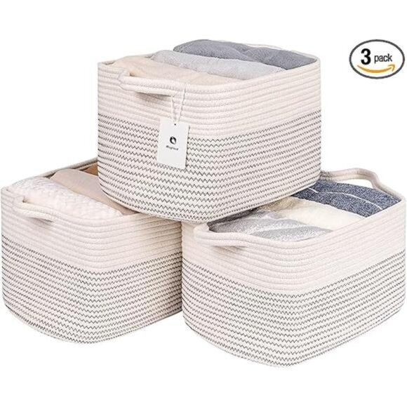 Blanket Basket Living Room Cotton Rope Woven Baskets With Handles for Shelves - Picture 7 of 7